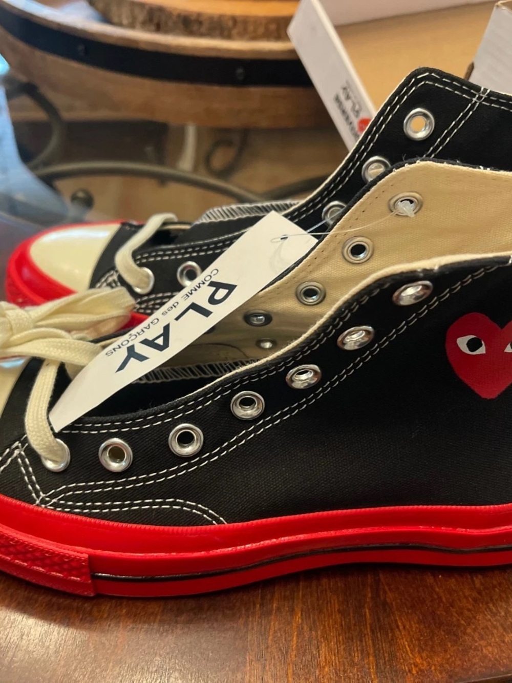 Comme des Garcons PLAY Black Canvas High-Top Sneakers with Red Sole